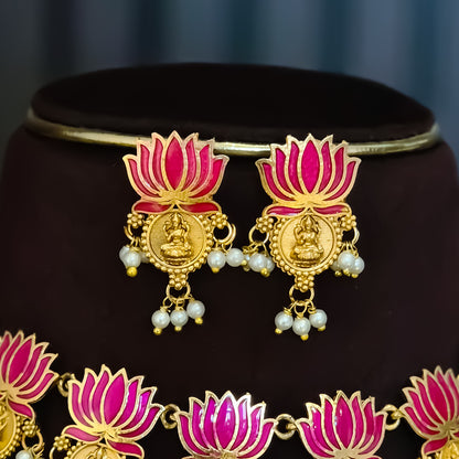 Ambuja Lotus Lakshmi Coin Temple Motif Necklace Set - Pink