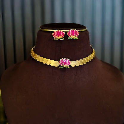 Jalaj Lotus Coin Temple Motif Necklace Set - Pink
