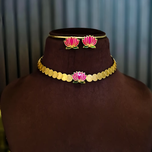 Jalaj Lotus Coin Temple Motif Necklace Set - Pink