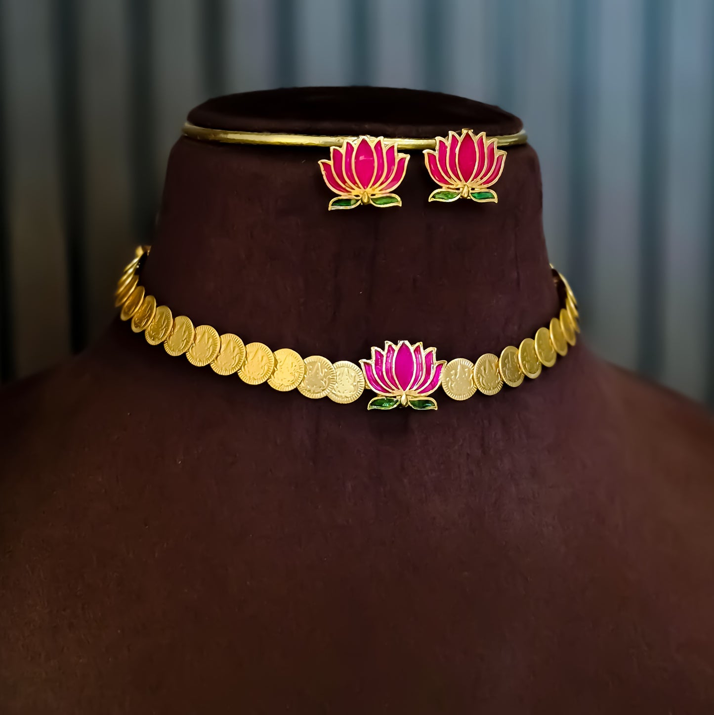 Jalaj Lotus Coin Temple Motif Necklace Set - Pink