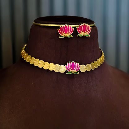 Jalaj Lotus Coin Temple Motif Necklace Set - Pink