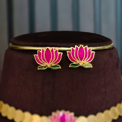 Jalaj Lotus Coin Temple Motif Necklace Set - Pink