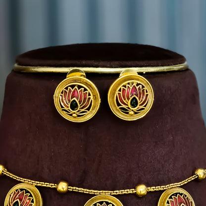 Padma Lotus Temple Motif Necklace Set - Maroon & Green