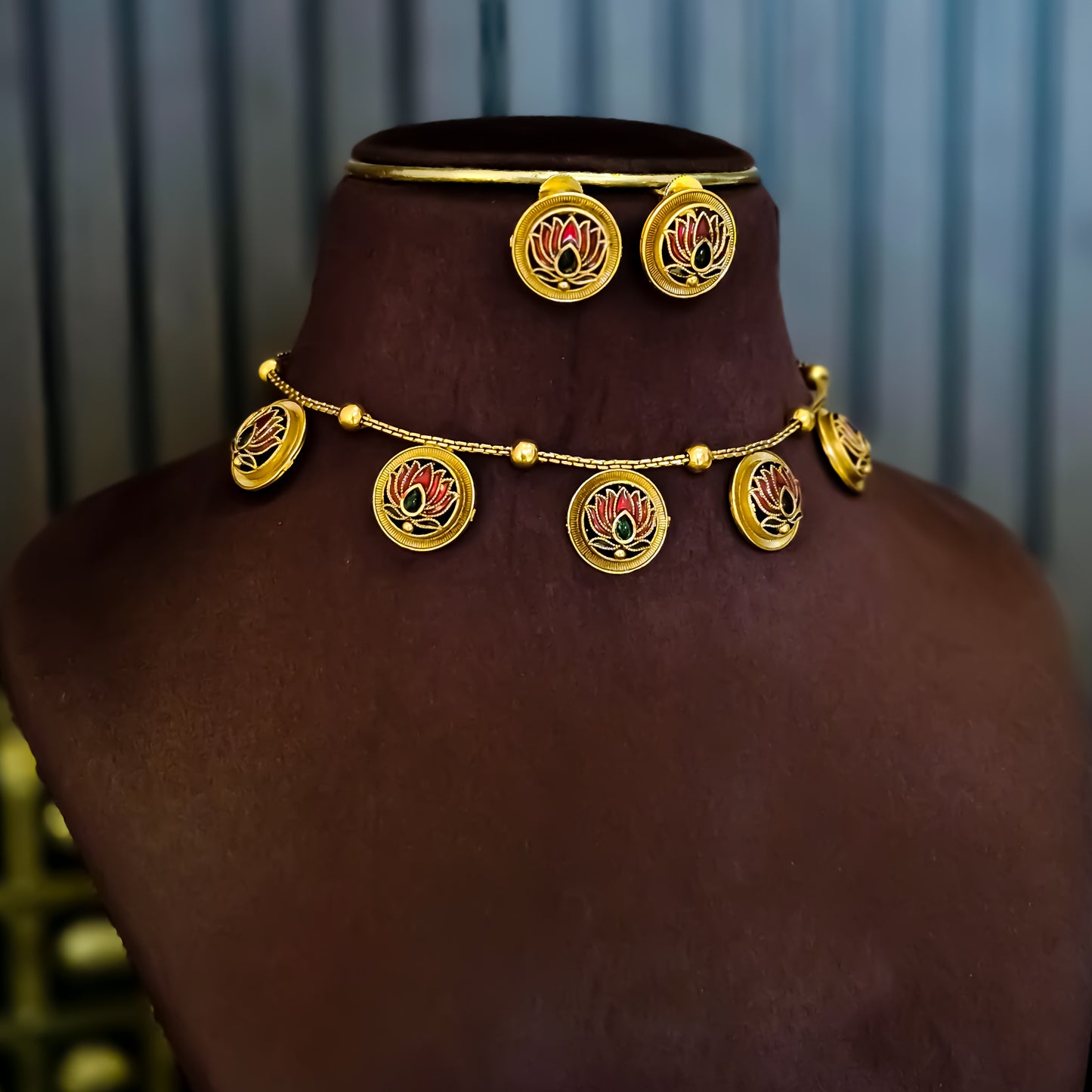 Padma Lotus Temple Motif Necklace Set - Maroon & Green