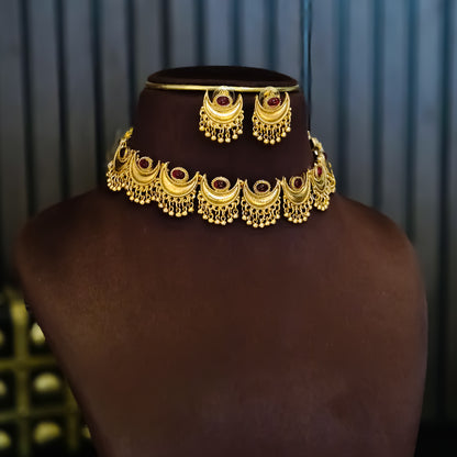 Diya Temple Motif Necklace Set - Golden & Pink