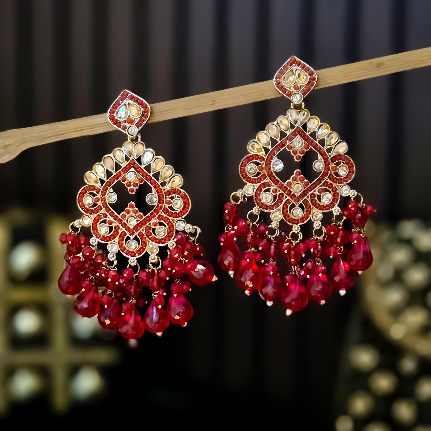 Manpreet Jadau Kundan Chandbali Earrings - Red