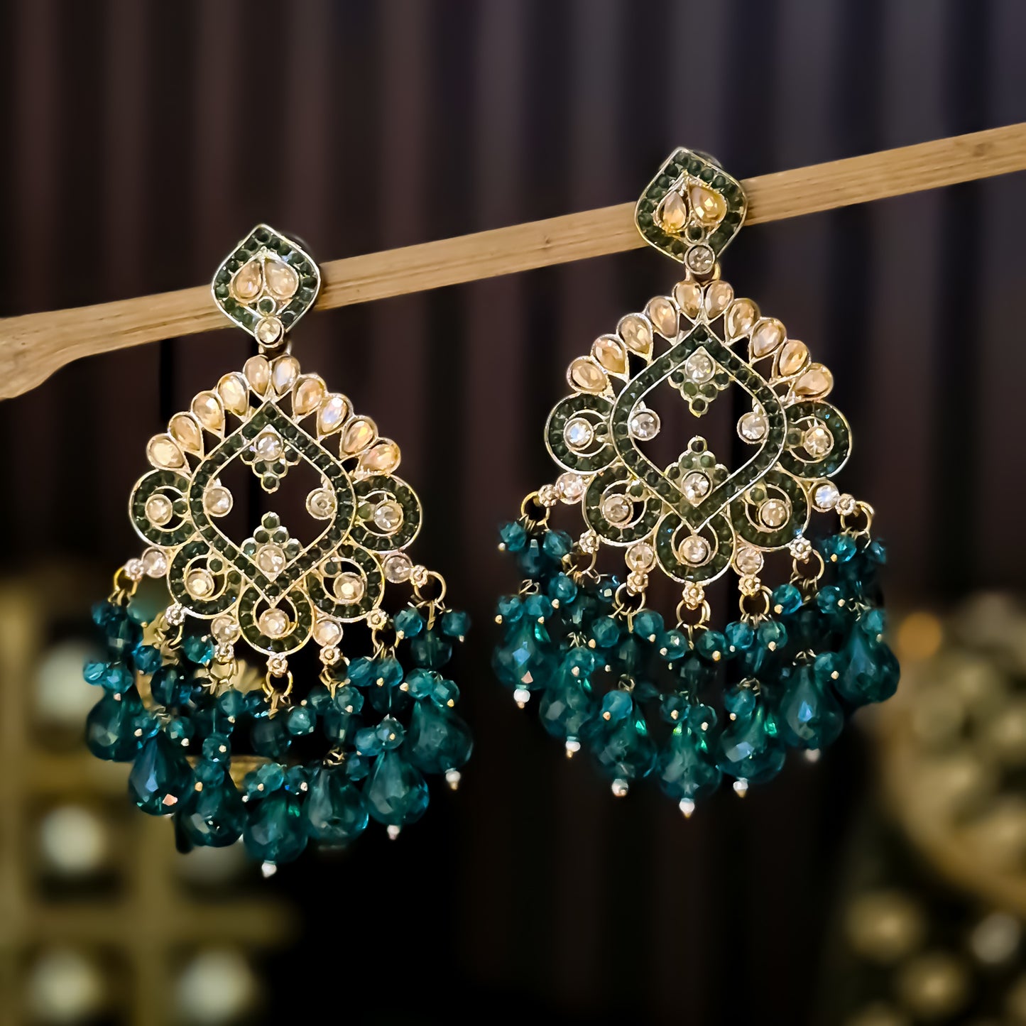 Manpreet Jadau Kundan Chandbali Earrings - Peacock Blue