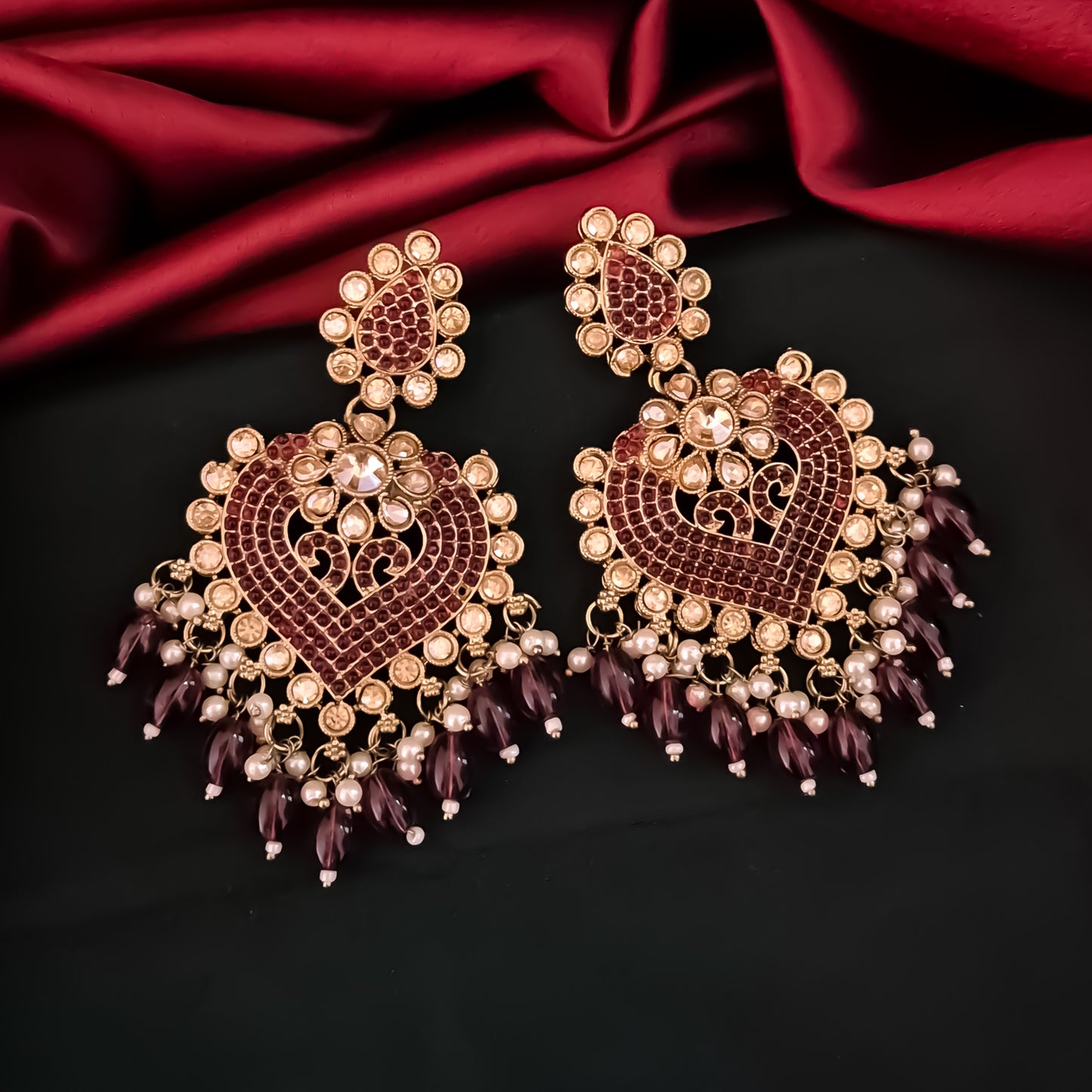 Sayali Jadau Chandbali Earrings - Wine