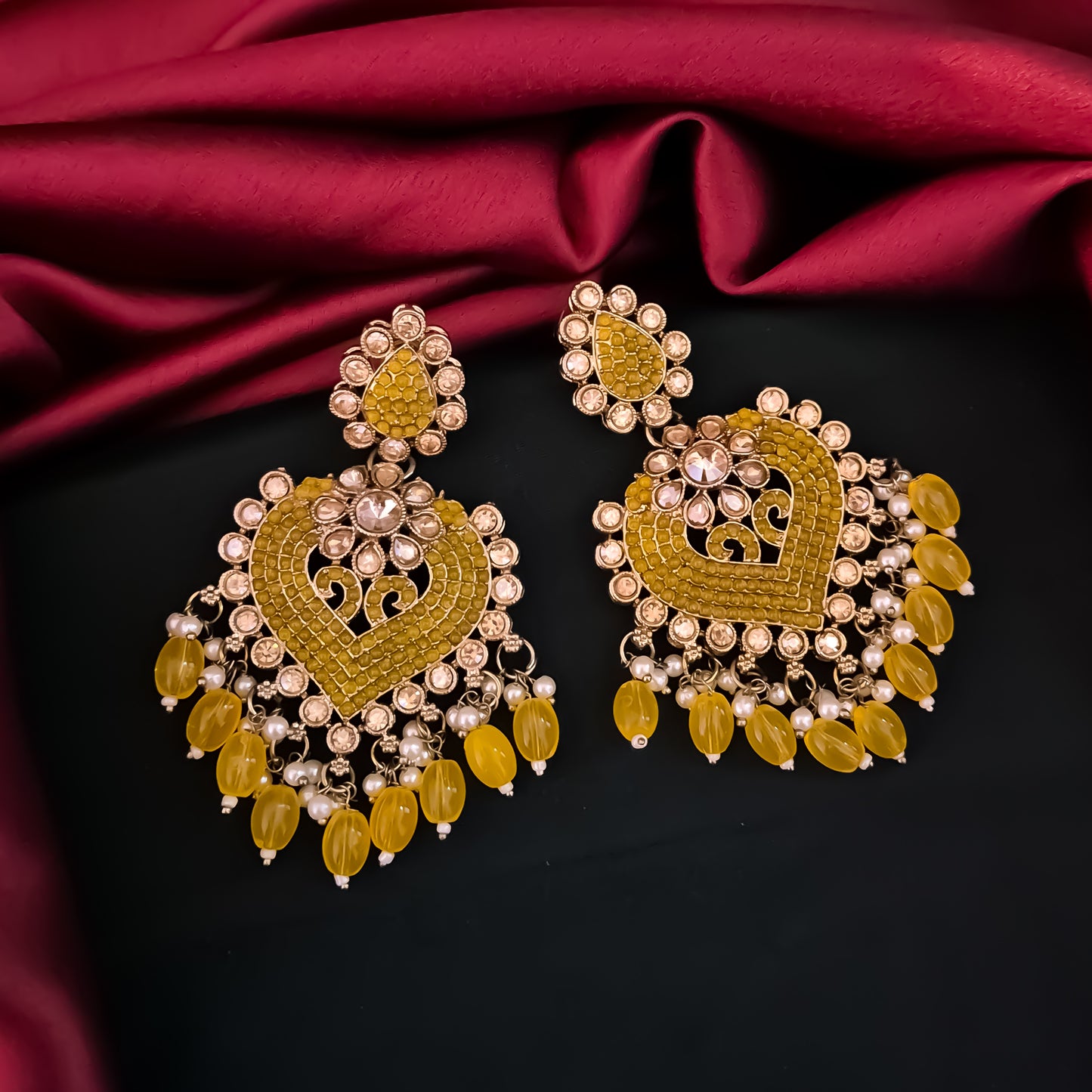 Sayali Jadau Chandbali Earrings- Yellow