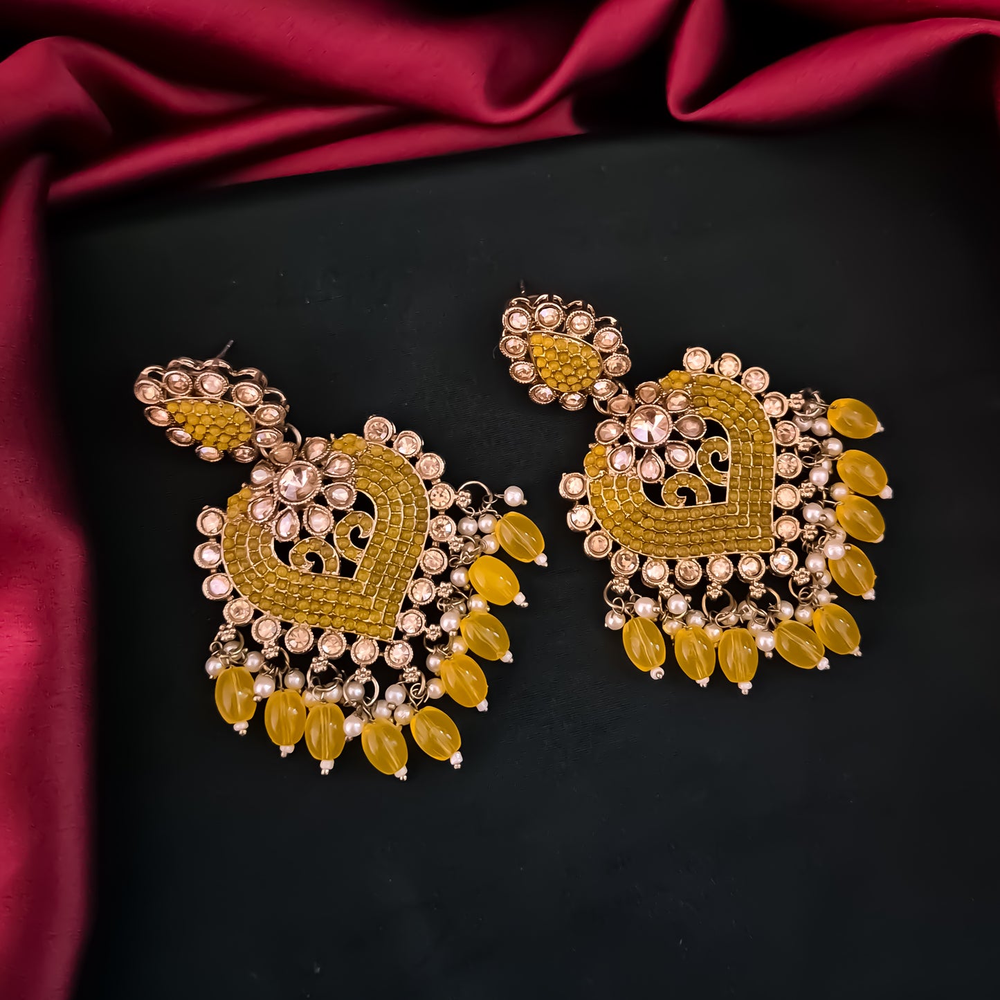 Sayali Jadau Chandbali Earrings- Yellow