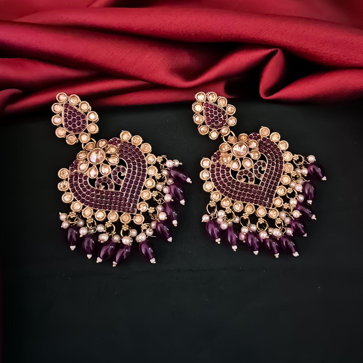 Sayali Jadau Chandbali Earrings- Purple