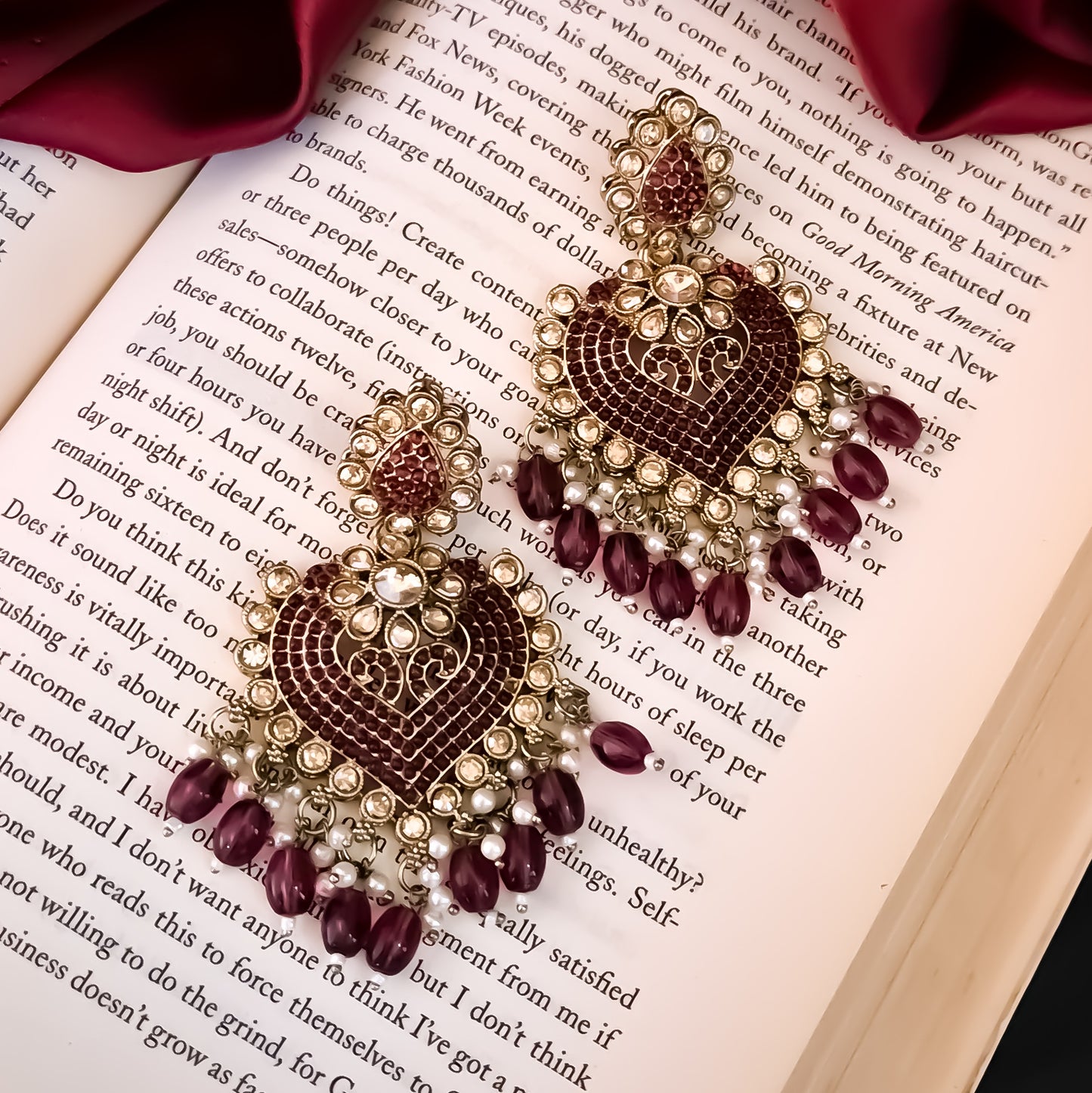Sayali Jadau Chandbali Earrings - Wine