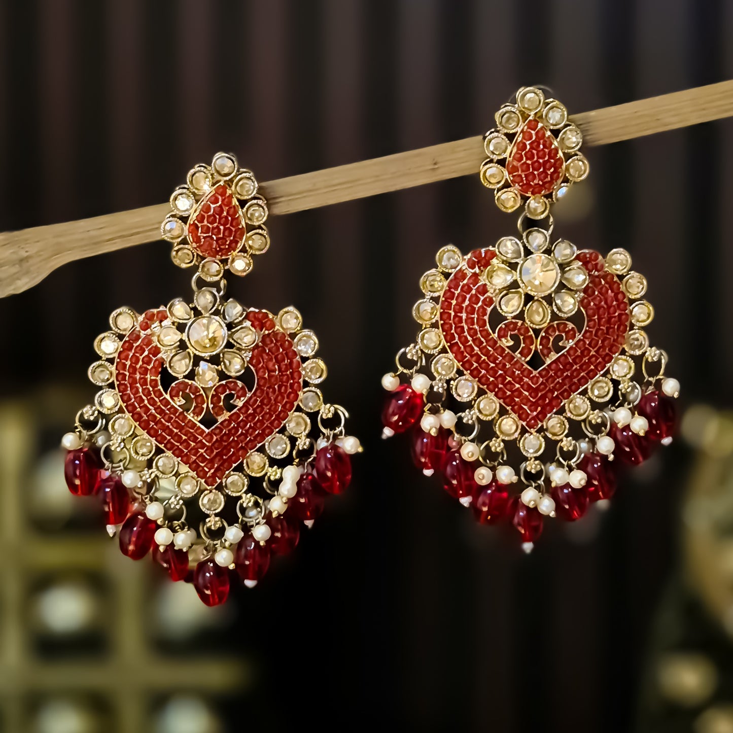 Sayali Jadau Chandbali Earrings - Red