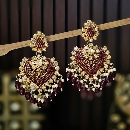 Sayali Jadau Chandbali Earrings - Wine