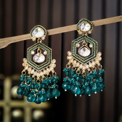 Mandana Kundan Chandbali Earrings - Peacock Blue