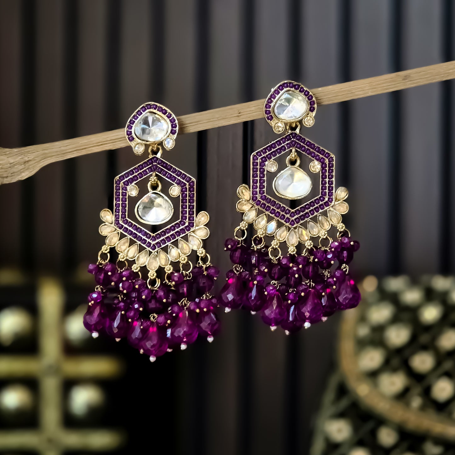 Mandana Kundan Chandbali Earrings - Purple