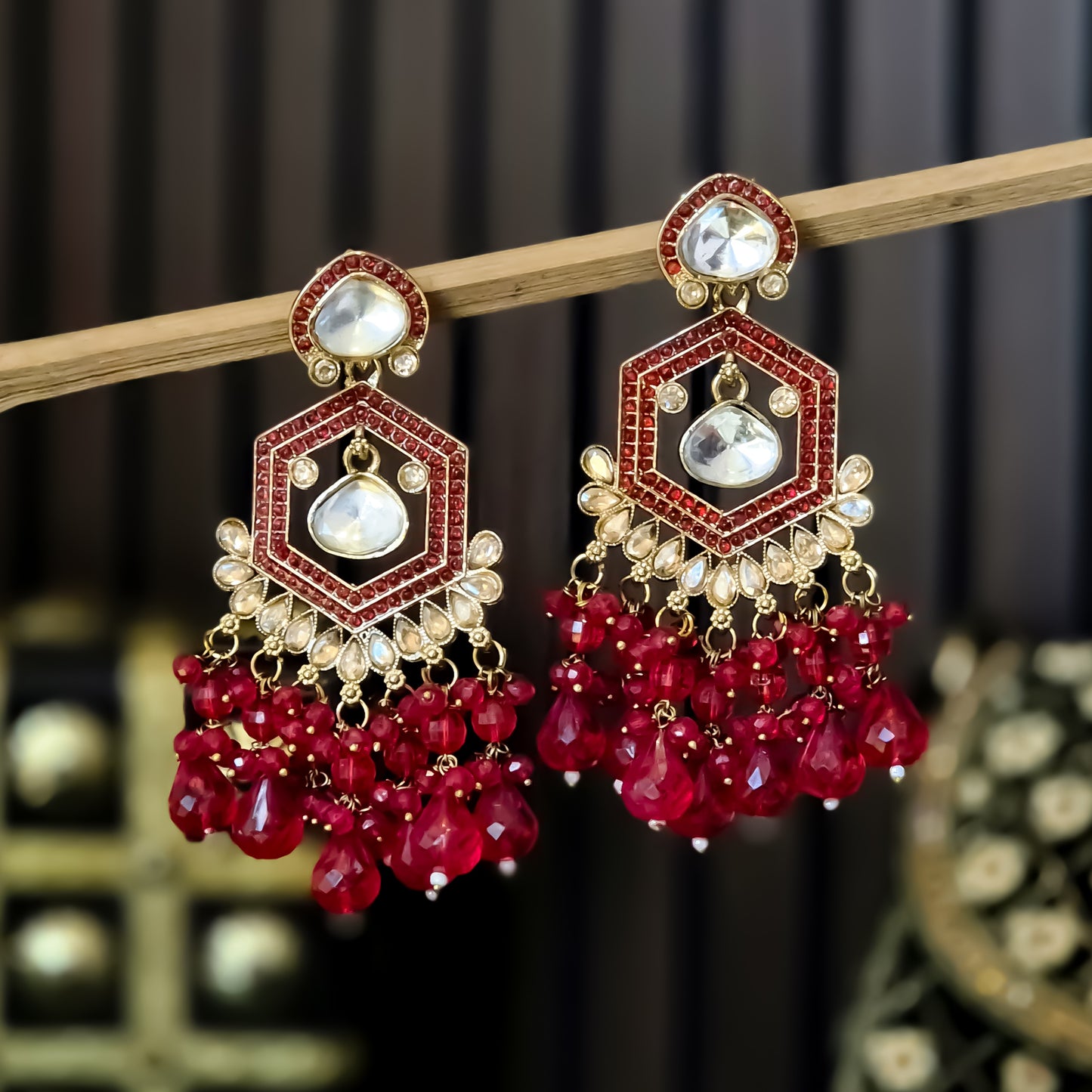 Mandana Kundan Chandbali Earrings - Red