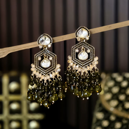 Mandana Kundan Chandbali Earrings - Mehendi Green