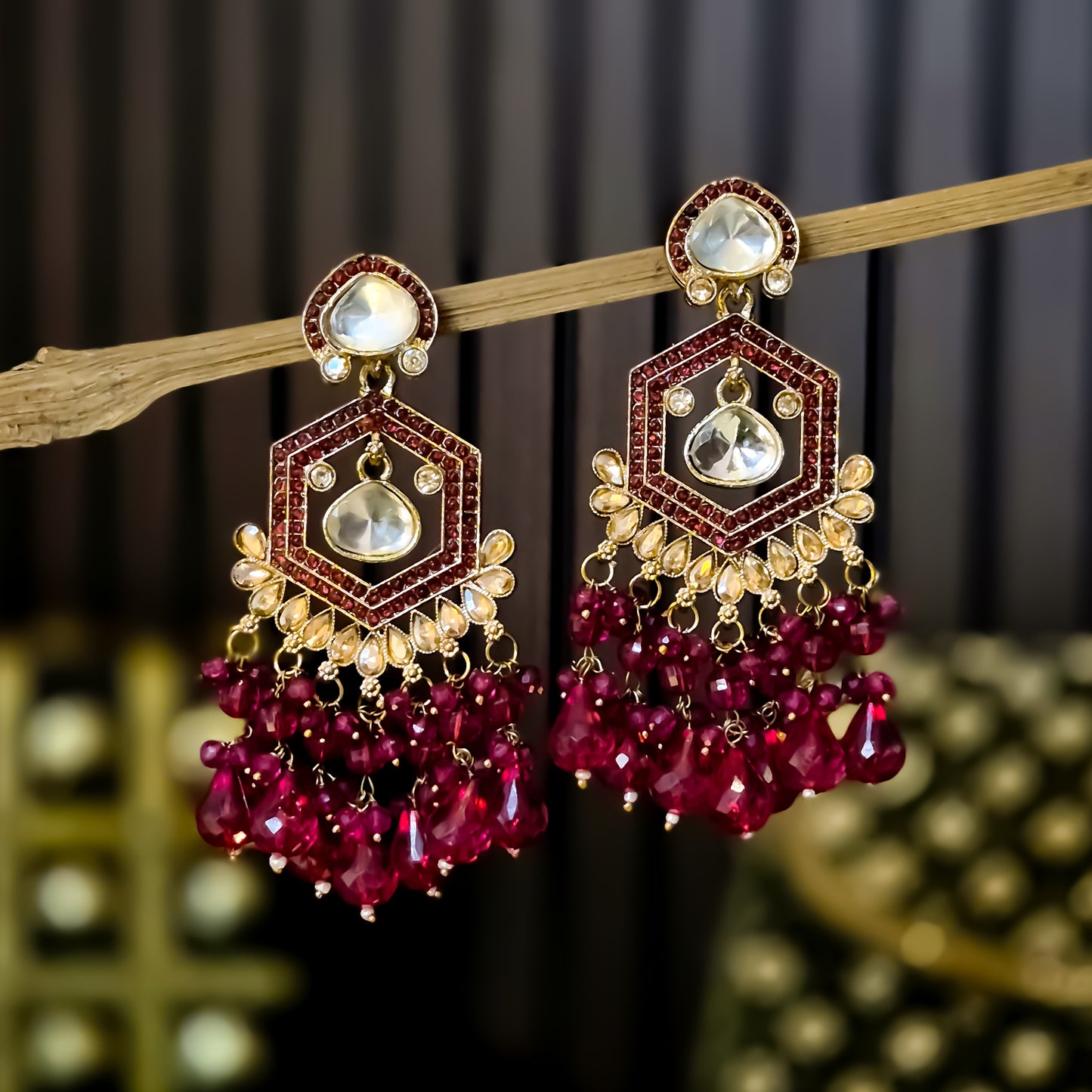 Mandana Kundan Chandbali Earrings - Wine