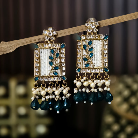 Janki Kundan Pearl  Earrings - Peacock Blue