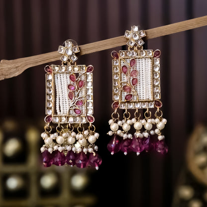 Janki Kundan Pearl  Earrings - Wine