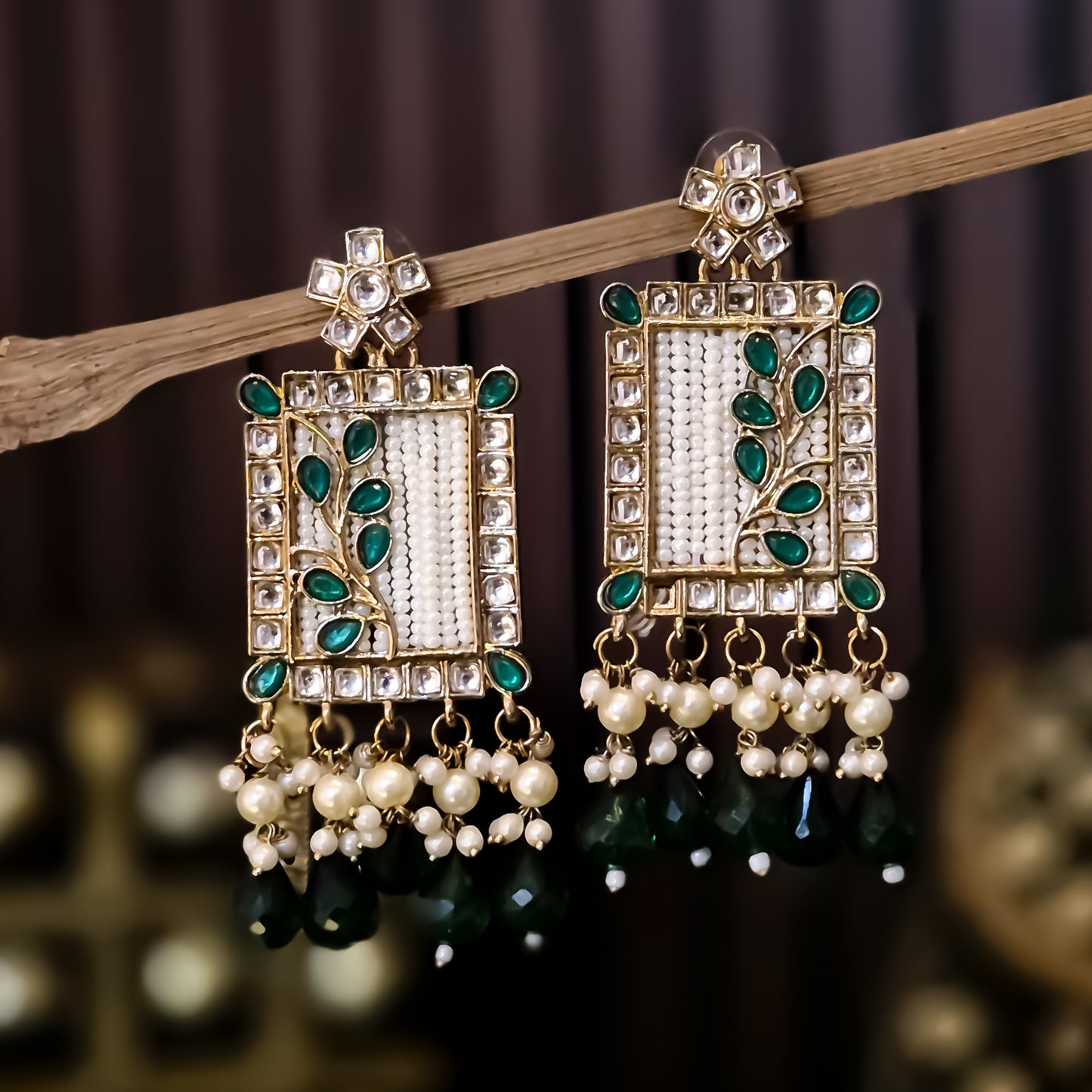 Janki Kundan Pearl  Earrings - Green