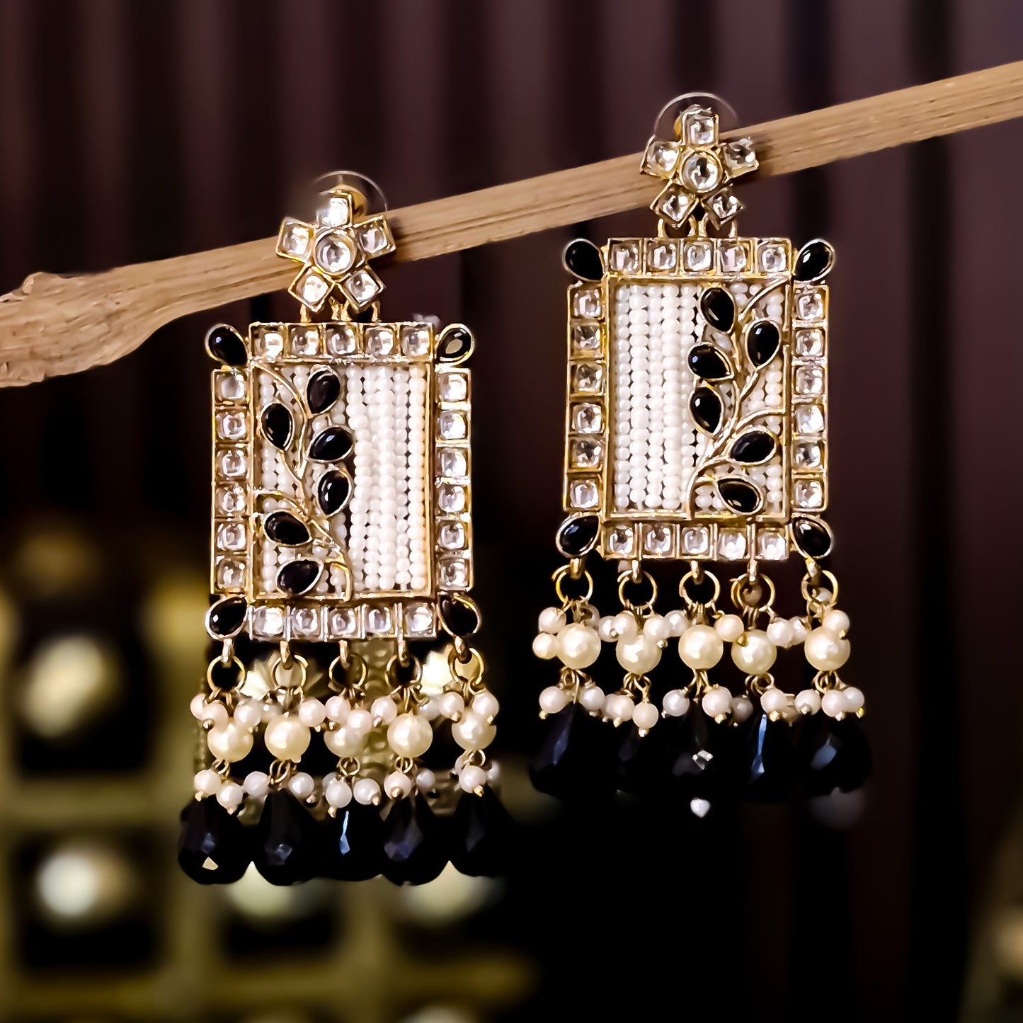 Janki Kundan Pearl  Earrings - Black