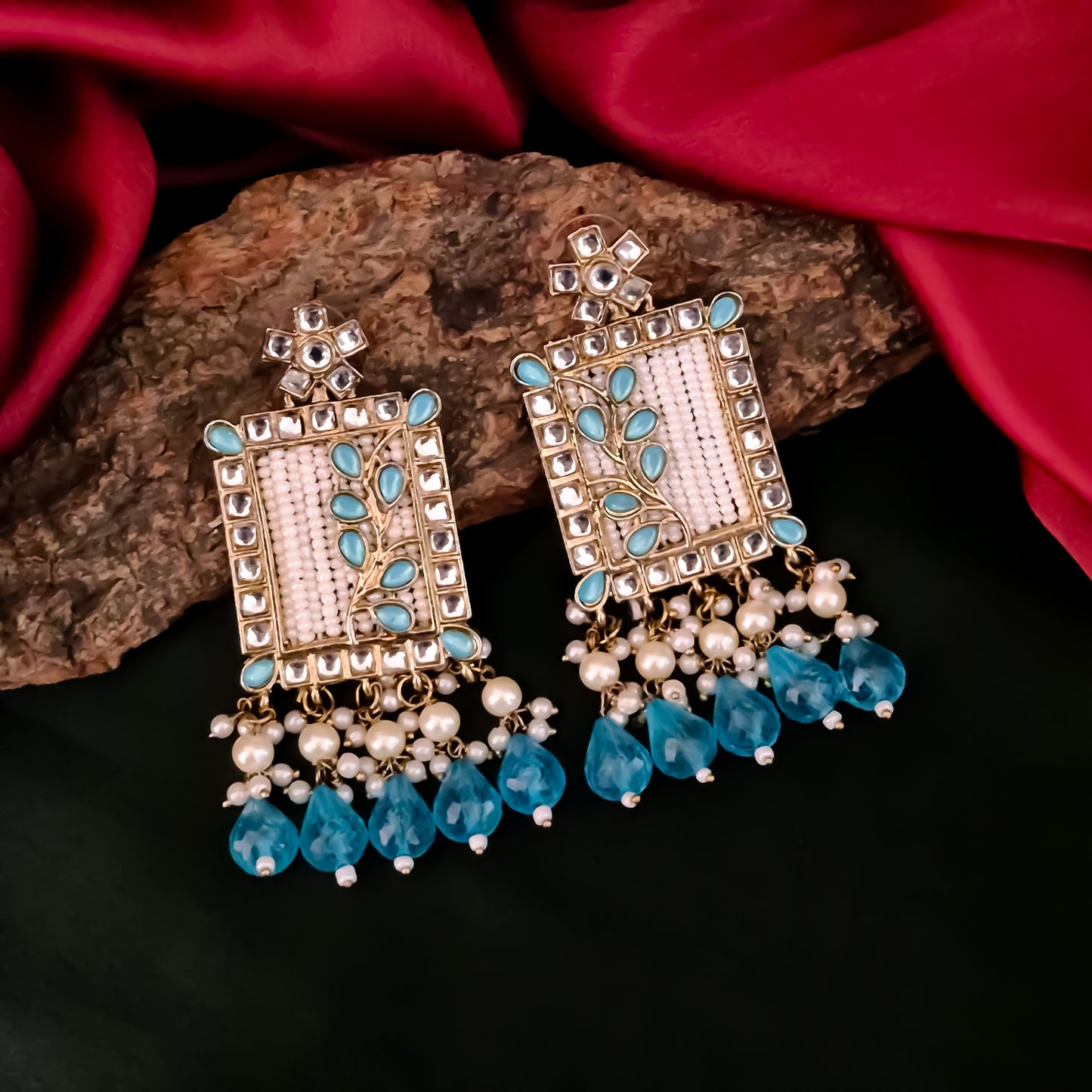 Janki Kundan Pearl  Earrings - Sky Blue