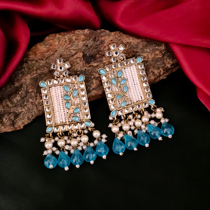 Janki Kundan Pearl  Earrings - Sky Blue