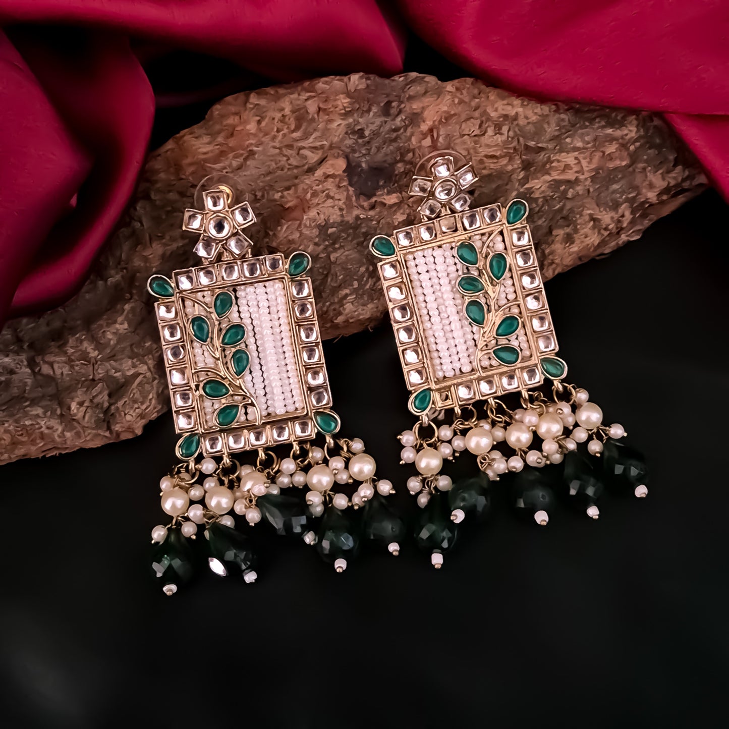 Janki Kundan Pearl  Earrings - Green