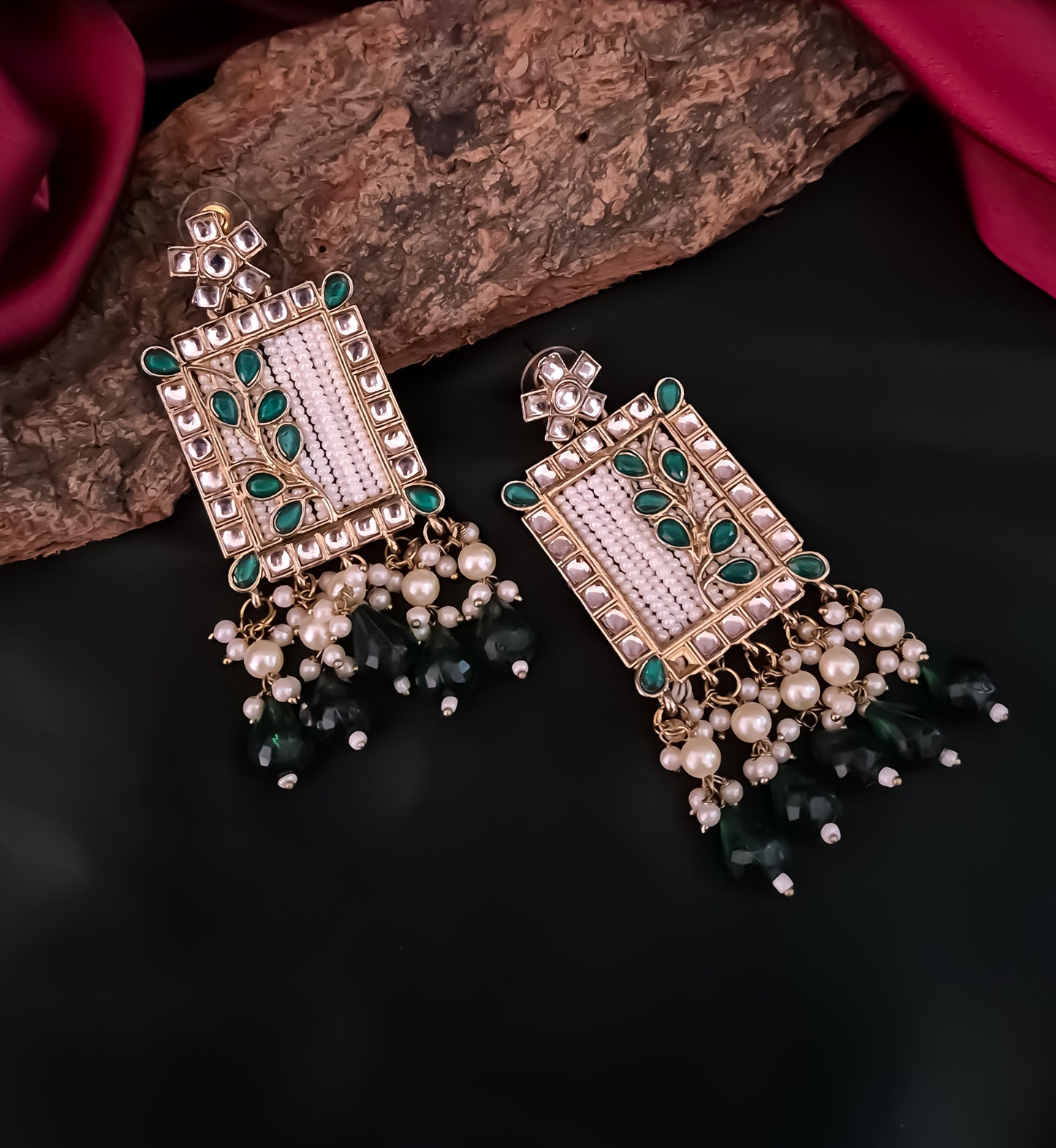 Janki Kundan Pearl  Earrings - Green