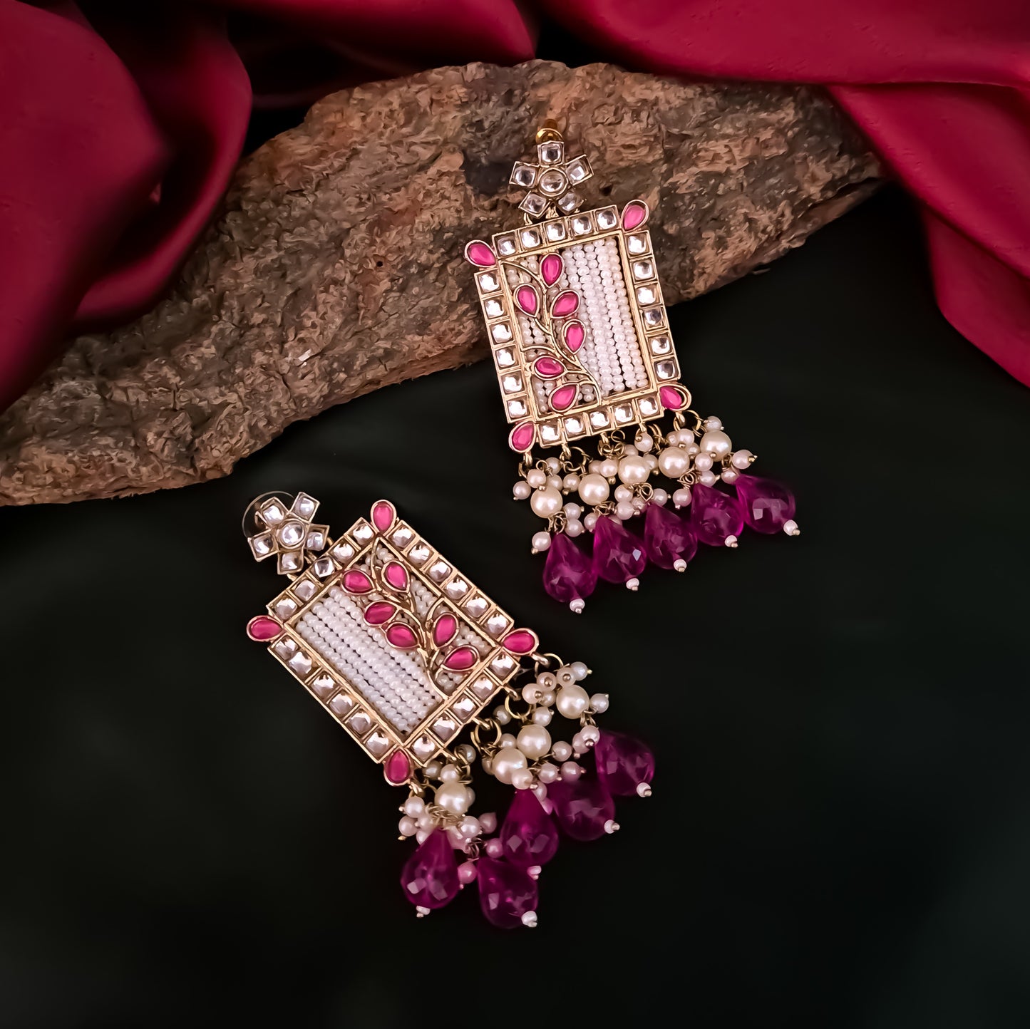 Janki Kundan Pearl  Earrings - Pink