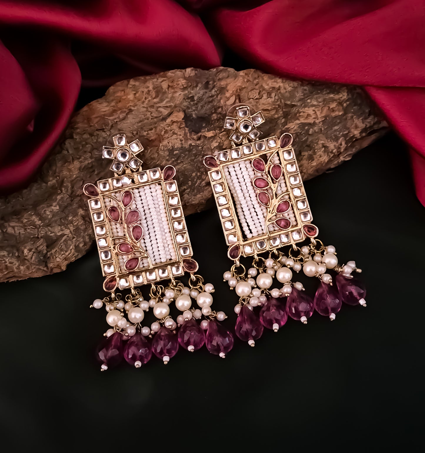 Janki Kundan Pearl  Earrings - Wine
