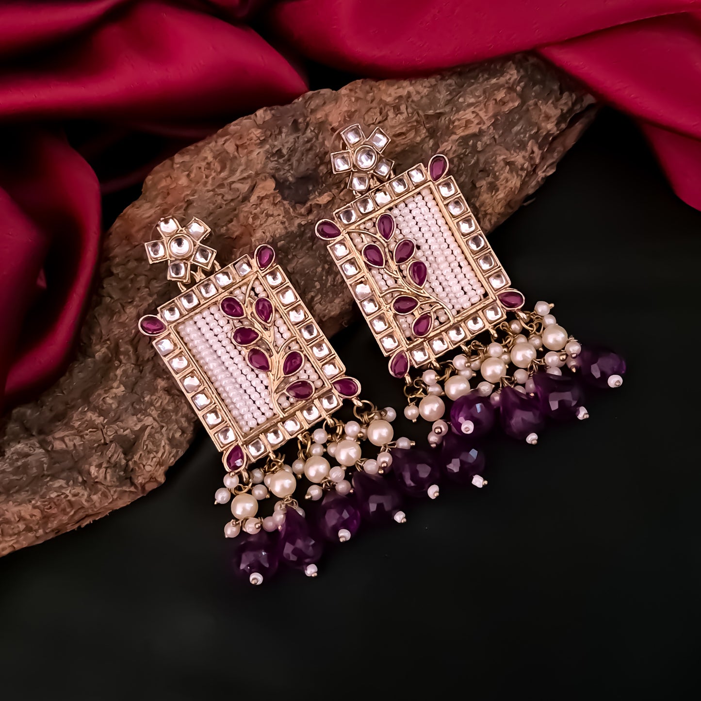 Janki Kundan Pearl  Earrings - Purple