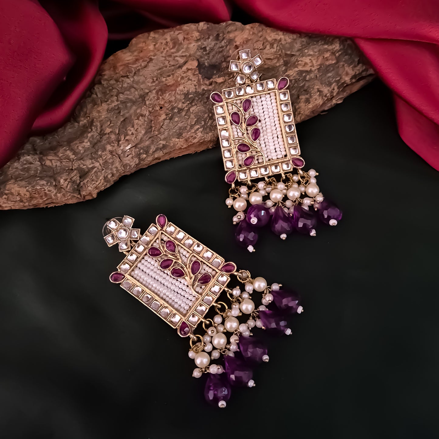 Janki Kundan Pearl  Earrings - Purple