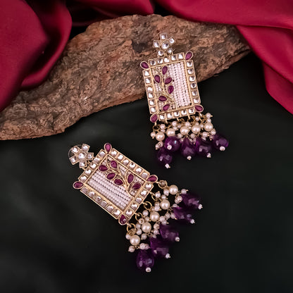Janki Kundan Pearl  Earrings - Purple