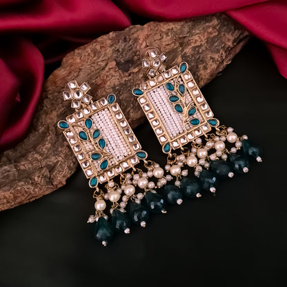 Janki Kundan Pearl  Earrings - Peacock Blue