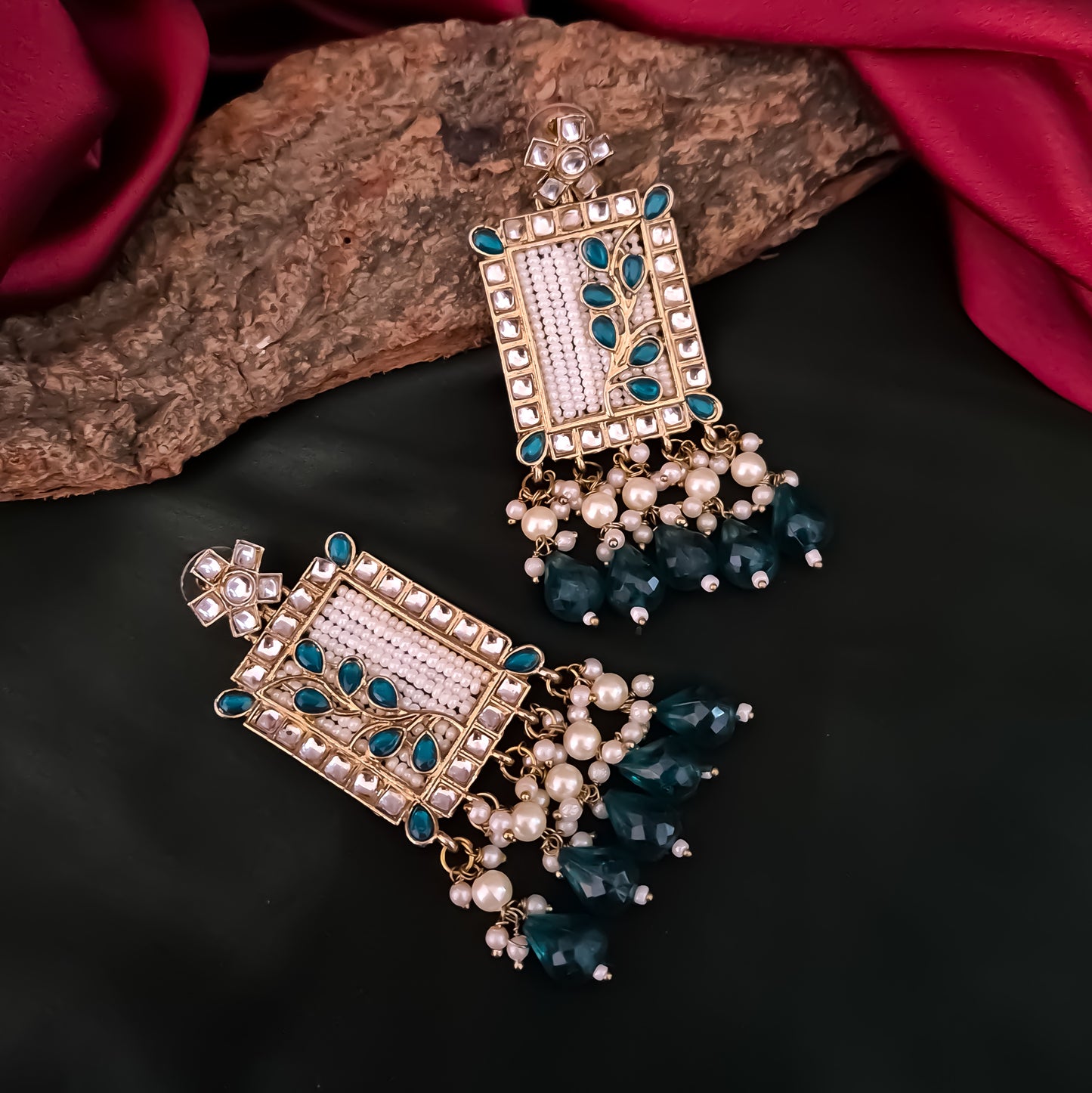 Janki Kundan Pearl  Earrings - Peacock Blue