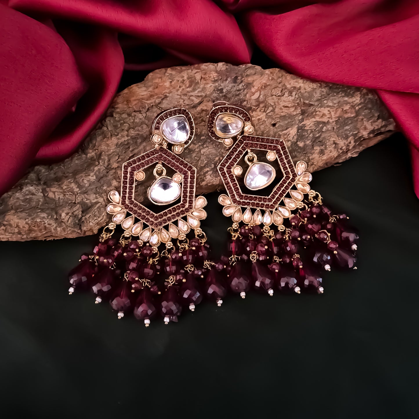 Mandana Kundan Chandbali Earrings - Maroon