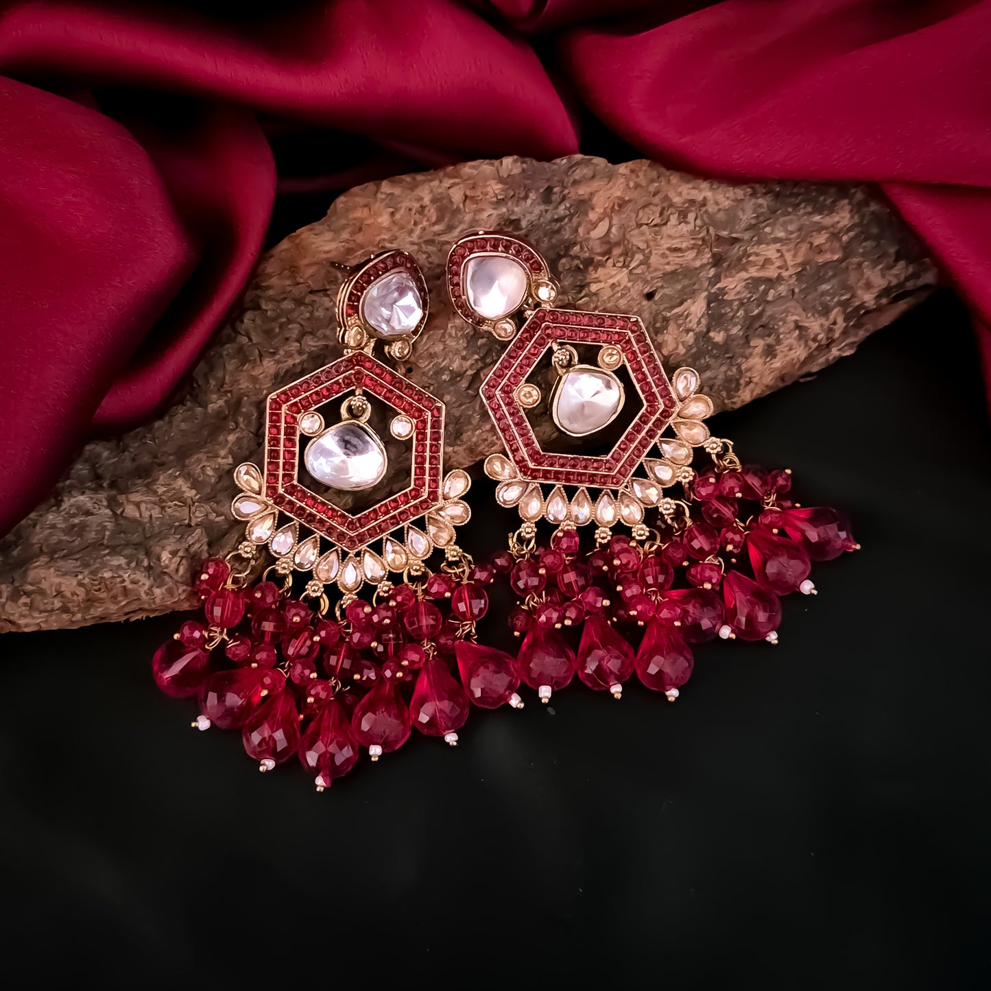 Mandana Kundan Chandbali Earrings - Red
