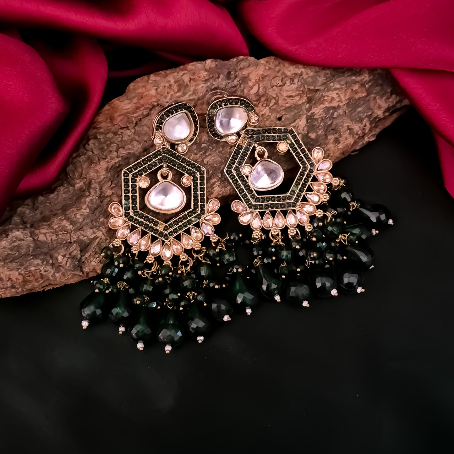 Mandana Kundan Chandbali Earrings - green
