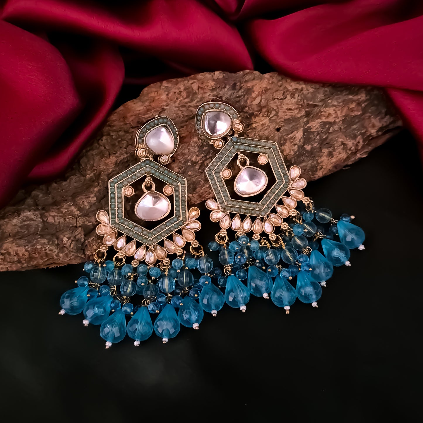 Mandana Kundan Chandbali Earrings - Sky Blue
