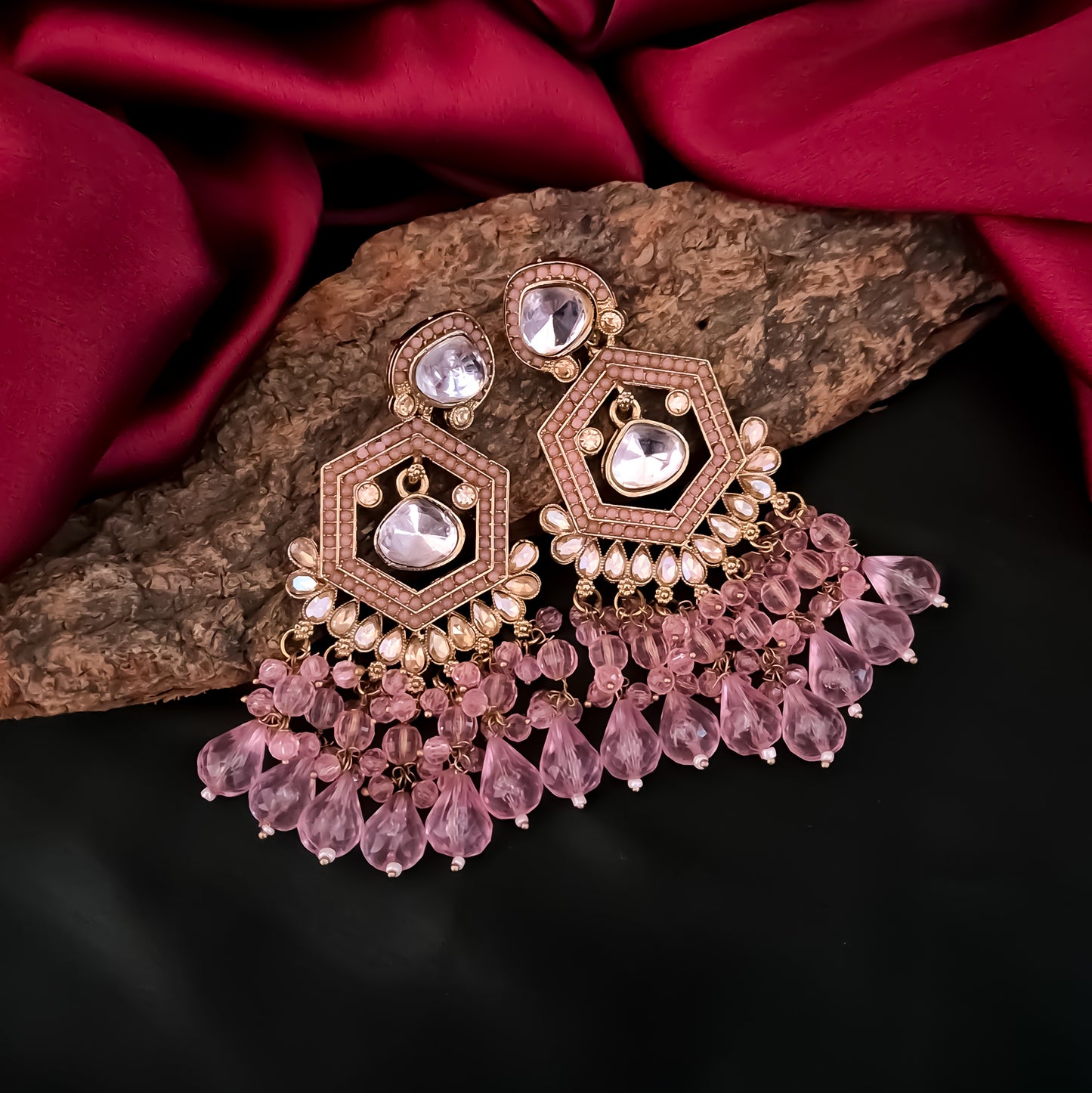 Mandana Kundan Chandbali Earrings - Baby Pink