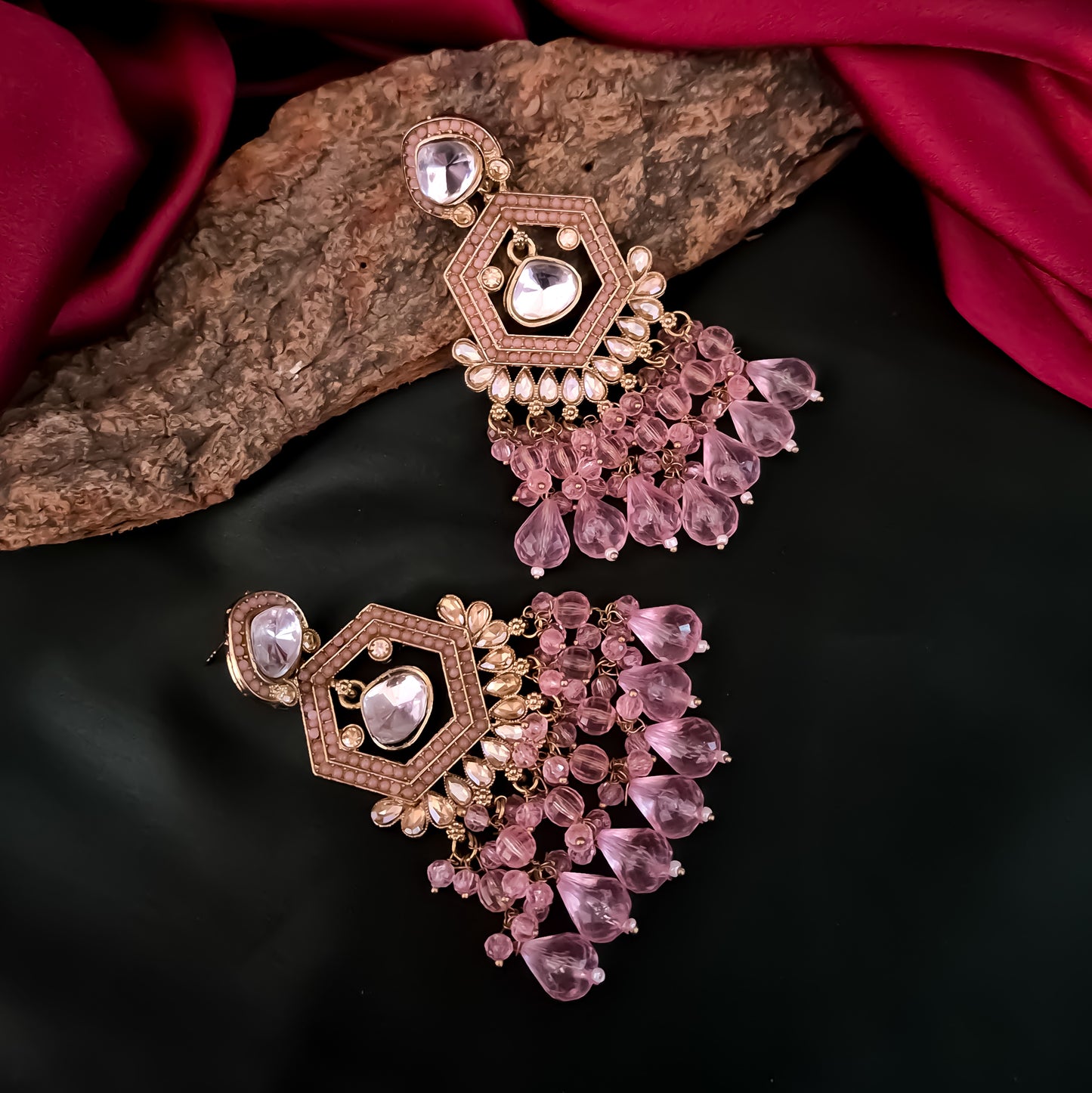 Mandana Kundan Chandbali Earrings - Baby Pink