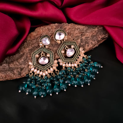 Mandana Kundan Chandbali Earrings - Peacock Blue