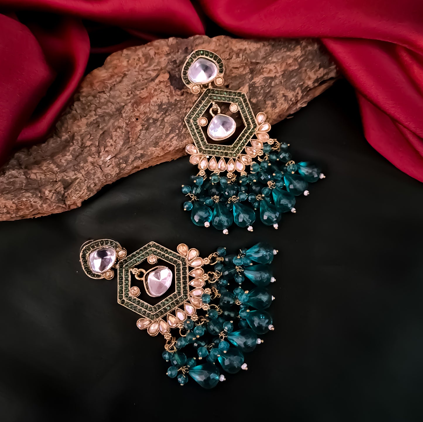 Mandana Kundan Chandbali Earrings - Peacock Blue
