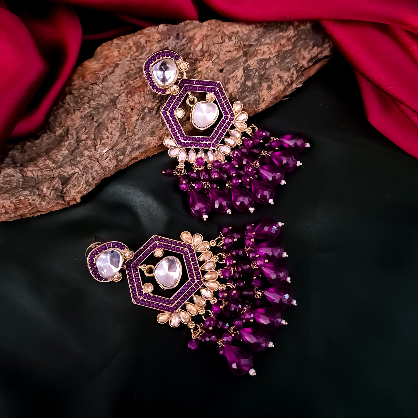 Mandana Kundan Chandbali Earrings - Purple