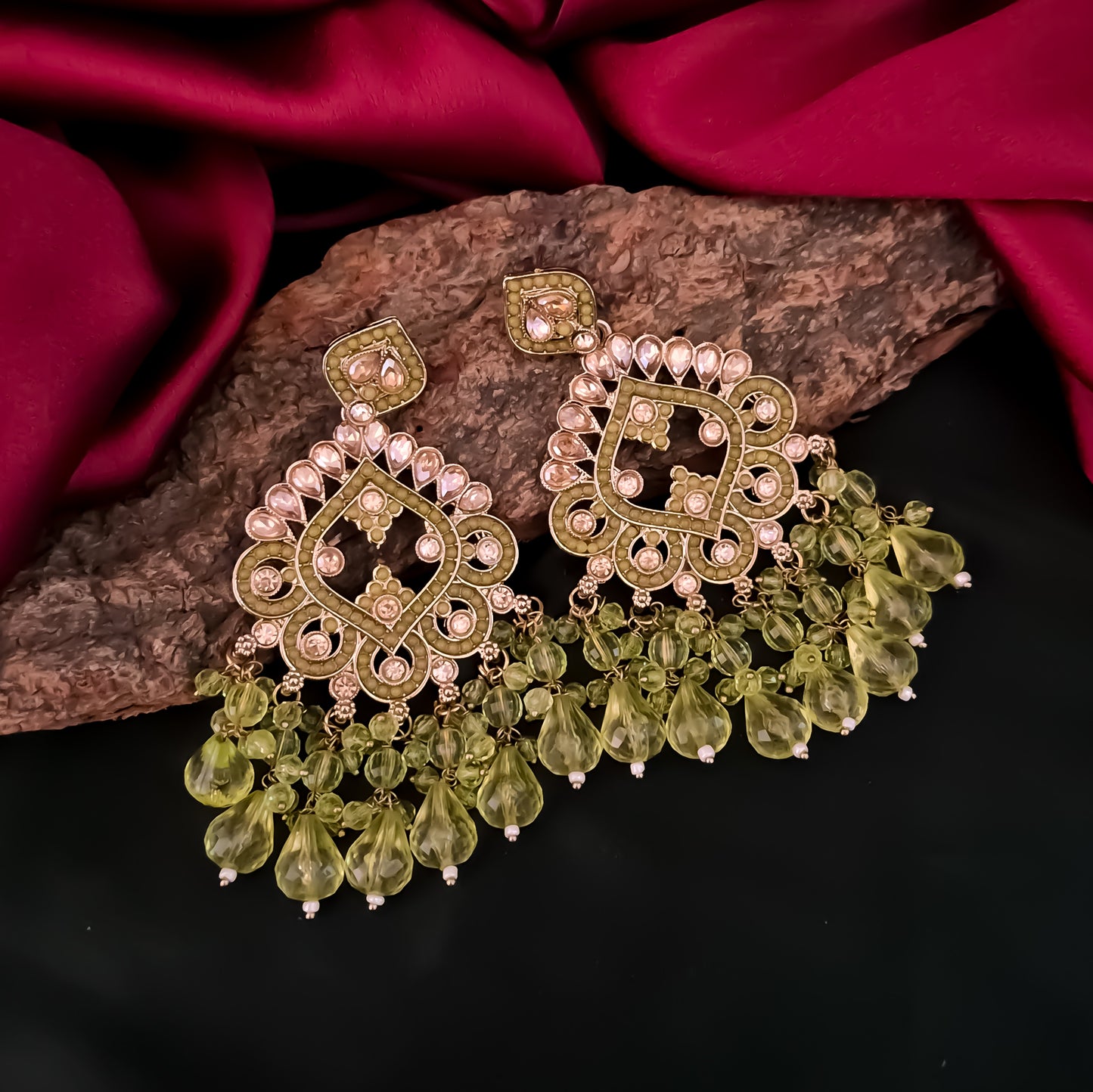 Manpreet Jadau Kundan Chandbali Earrings - Pista Green