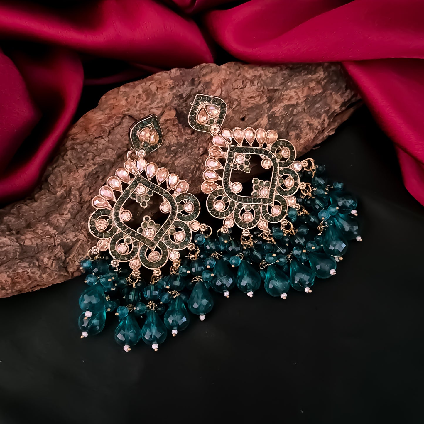 Manpreet Jadau Kundan Chandbali Earrings - Peacock Blue