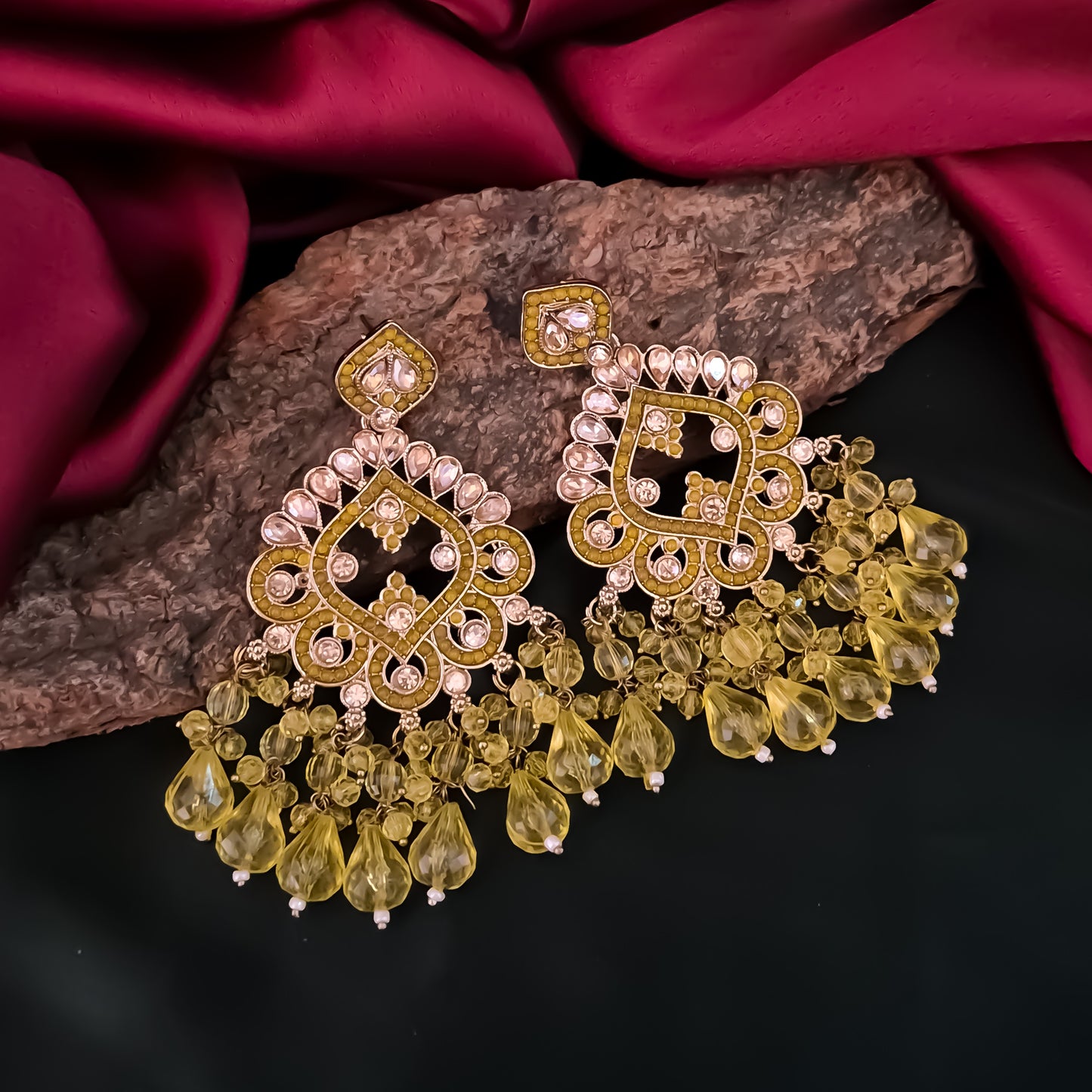 Manpreet Jadau Kundan Chandbali Earrings - Yellow